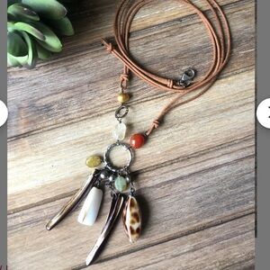 Silpada Leather Cord Citrine Carnelian Shell Multi Charm Pendant Necklace 925.